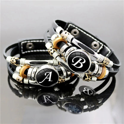 Retro A-Z Initial Alphabet Bracelet – Adjustable Leather & Handmade Rope Bangle for Men & Boys, Perfect Gift Jewelry