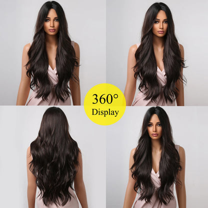 ALAN EATON Black Long Wavy Synthetic Wig – Natural Afro Hair, Middle Part, Heat-Resistant Fiber for Daily Use