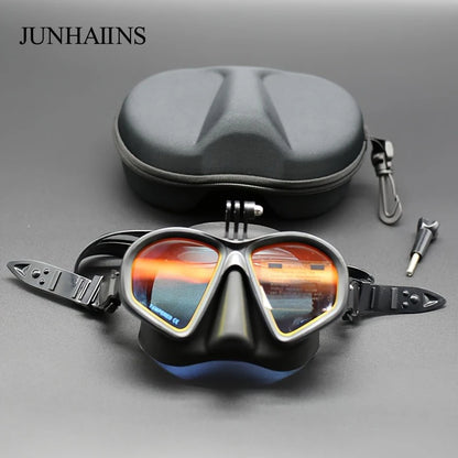 Freediving Mask with Camera Mount - Two-Window Tempered Glass Waterproof Anti-Fog Snorkeling Mask