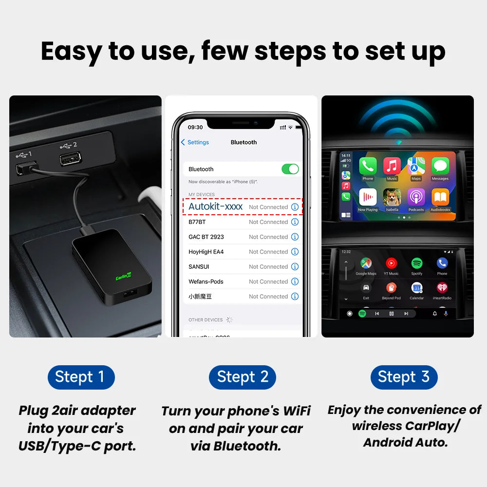 CarlinKit 5.0 Wireless CarPlay and Android Auto Adapter Dongle – Compatible with Toyota, Mazda, VW, Peugeot, Jeep, Cadillac, Chevrolet, Ford, and More