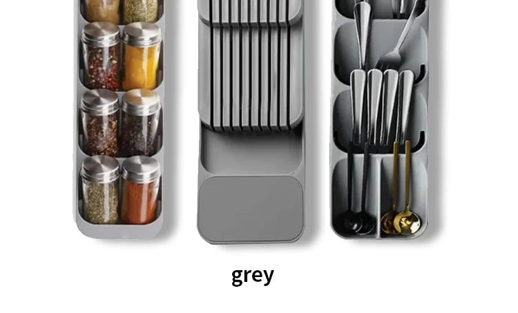 Kitchen Drawer Cutlery Organizer – Knife, Spoon & Fork Storage Tray with Spice Bottle Holder