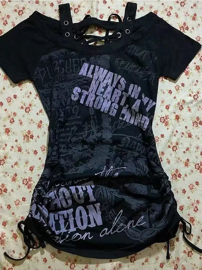 Y2K Women’s Gothic Grunge Crop Top – Vintage Punk Print Slim Fit Streetwear T-Shirt 2000s Retro Style