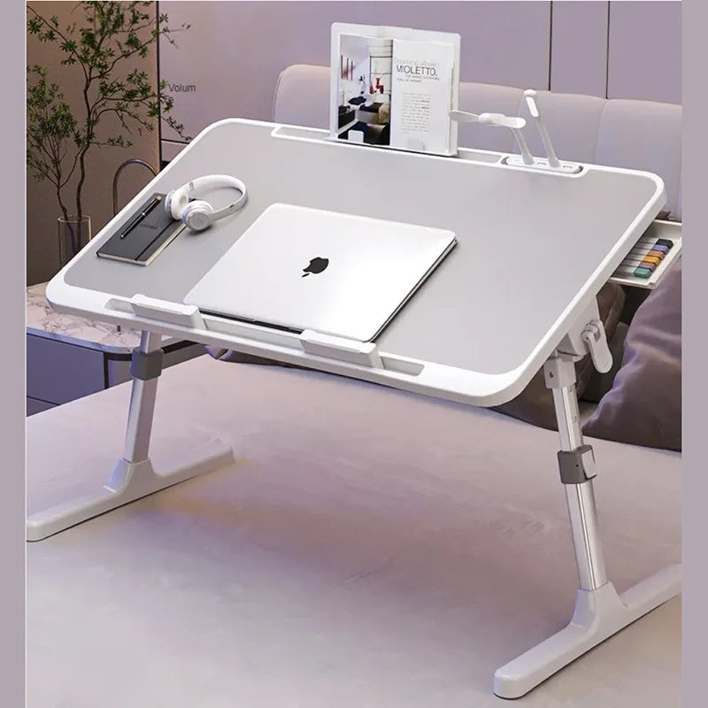 Foldable Lift Laptop Table for Bed - Lazy Lap Desk with Radiator and Drawer for Learning, Reading, and Working