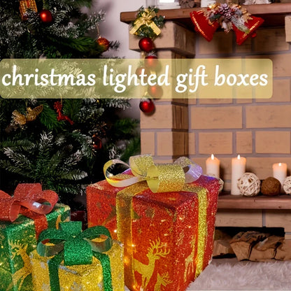 3-Piece Christmas LED Gift Box Set - Warm White Holiday Decoration (No Batteries Included)