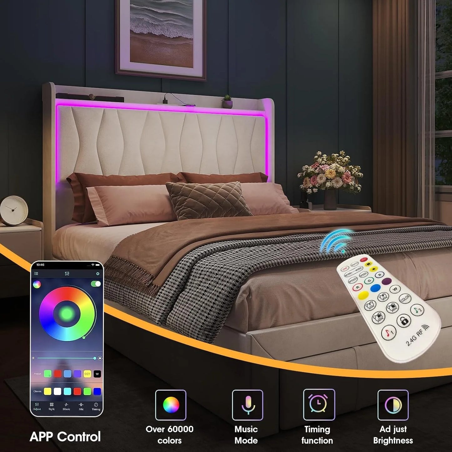 Queen Size Upholstered Platform Bed Frame with LED Lights, 3 Storage Drawers & USB Charging Station – Velvet Finish