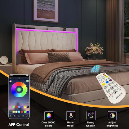 Queen Size Upholstered Platform Bed Frame with LED Lights, 3 Storage Drawers & USB Charging Station – Velvet Finish
