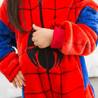 Children's Spider Red Pajamas Set – Flannel Hooded Cosplay Kigurumi Sleepwear for Boys & Girls