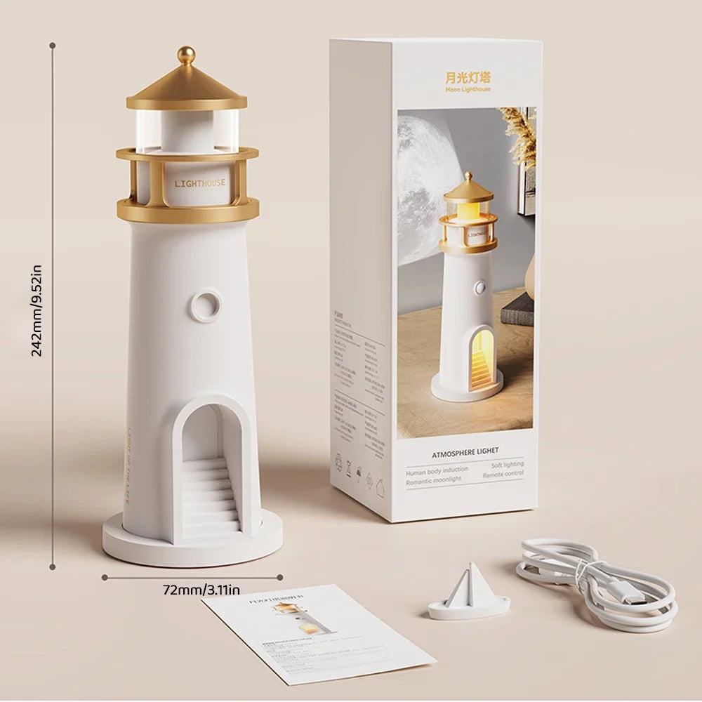 Moon Projection Lighthouse Night Light – Dimmable, Motion Sensor, Bluetooth Music, Timing Ambient Lamp for Christmas & Birthday Gift