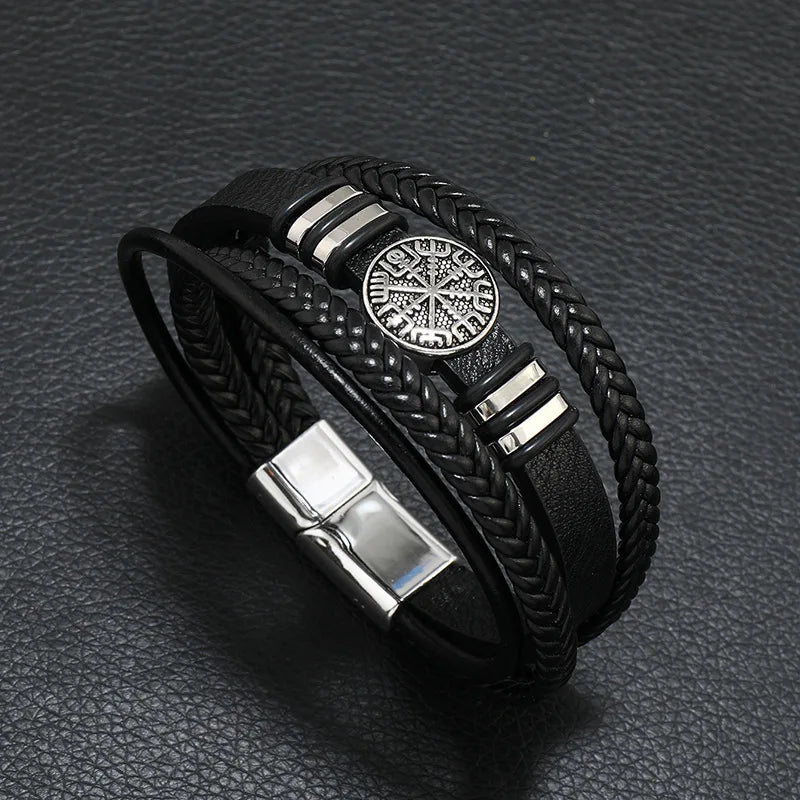 Fashion Men’s Multi-Layer Braided Leather Bracelet – Scripture, Compass & Evil Eye Design