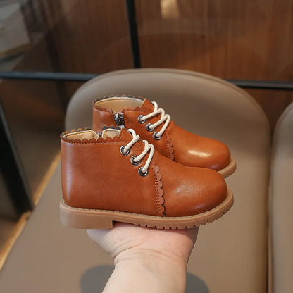 Girls’ Leather Ankle Boots 2024 — Spring & Autumn Lace-Up Side Zipper Rubber Boots, Sizes 21-30