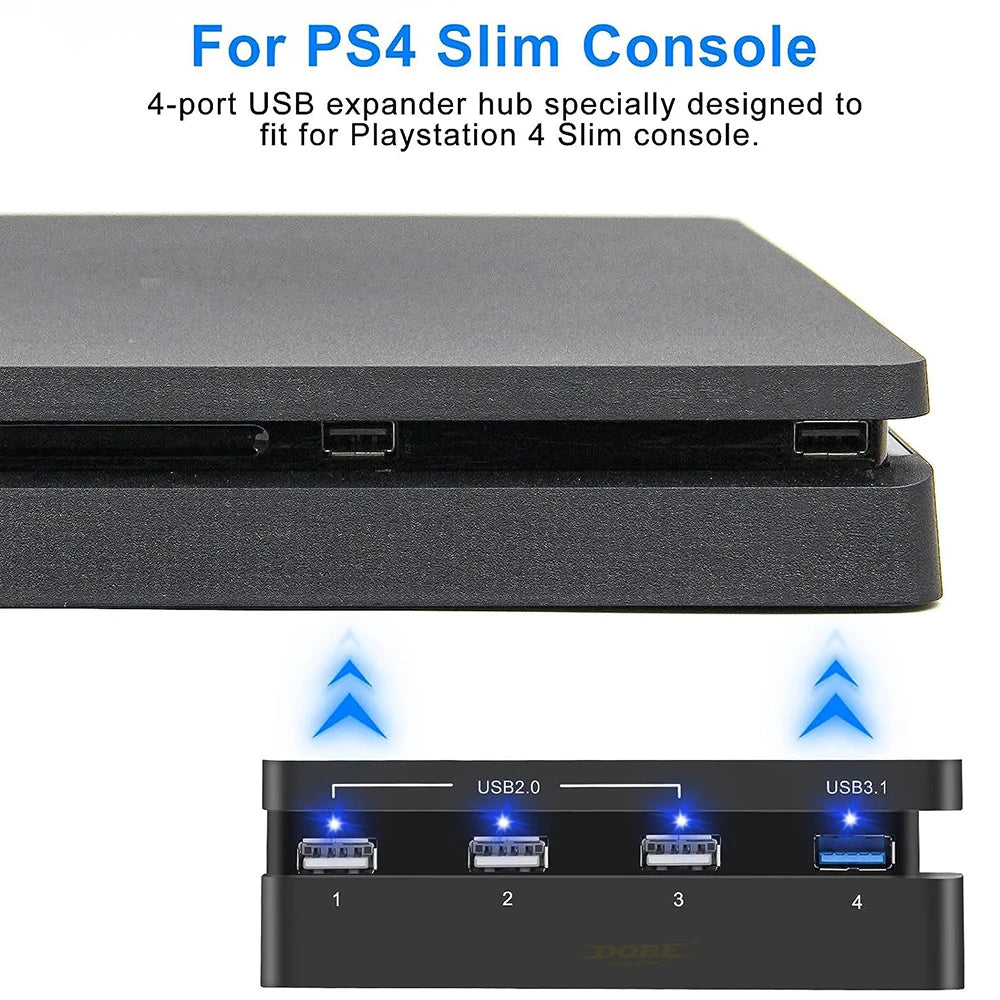 USB Hub Expansion Adapter for PS4 Slim – 3 USB 2.0 + 1 USB 3.0 Ports, High-Speed Plug & Play Charger for Controllers   1/2