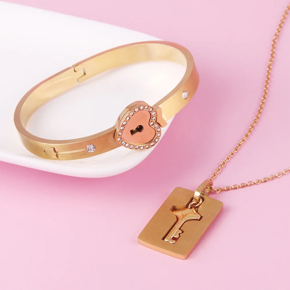 Couple Stainless Steel Love Lock Bracelet with Key Pendant Necklace – Romantic Jewelry Gift for Men and Women