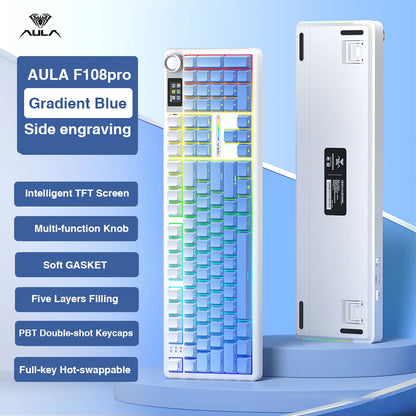 AULA F108 Pro Full-Size Gaming Keyboard – Wireless Bluetooth, Hot-Swappable Gasket Mount, Macro Keys, TFT Smart Display