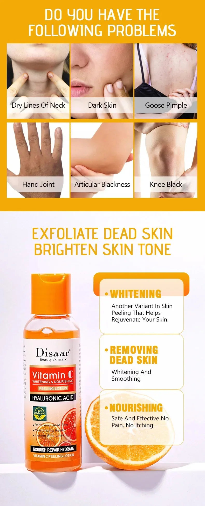 Yellow Peeling Lotion Oil – 100% Organic Exfoliating, Whitening & Nourishing Body Scrub with Hyaluronic Acid for Dark Skin