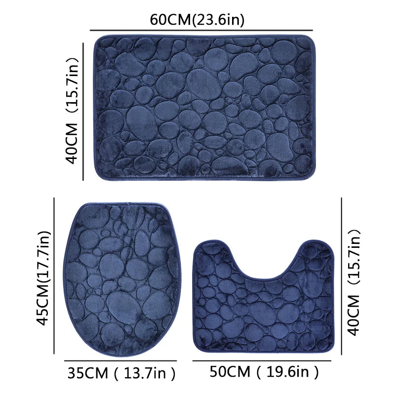 Solid Color Simple Bathroom Mat Set - Water-Absorbing, Non-Slip Stone Pattern, Comfortable & Soft (3PC)