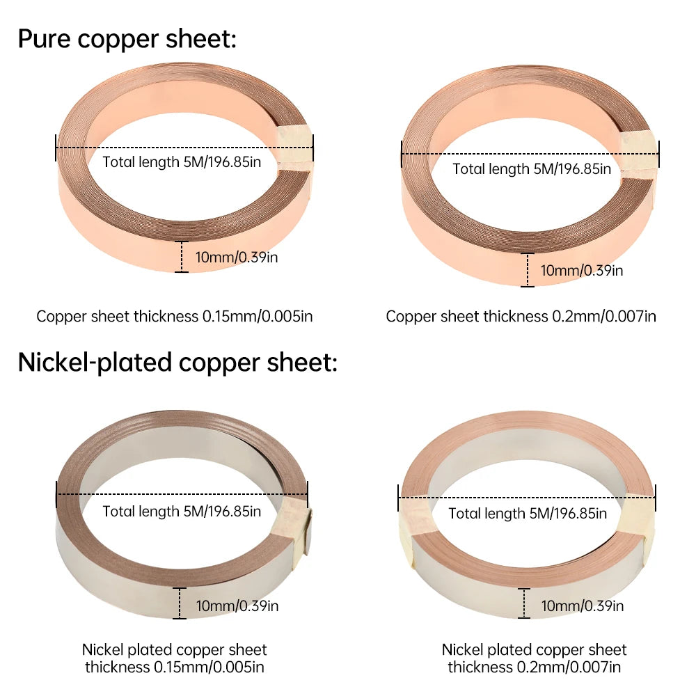 5M T2 Pure Copper & Nickel Strip — 0.15mm/0.2mm Nickel-Plated Copper Belt for 18650, 26650, 21700 Lithium Battery Pack Spot Welding