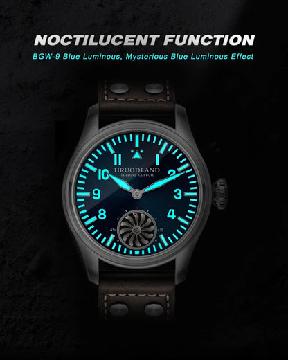 Hruodland 43MM Pilot Men’s Manual Mechanical Watch — Sapphire Crystal, BGW-9 Night Light, Turbine Design, Waterproof 5Bar