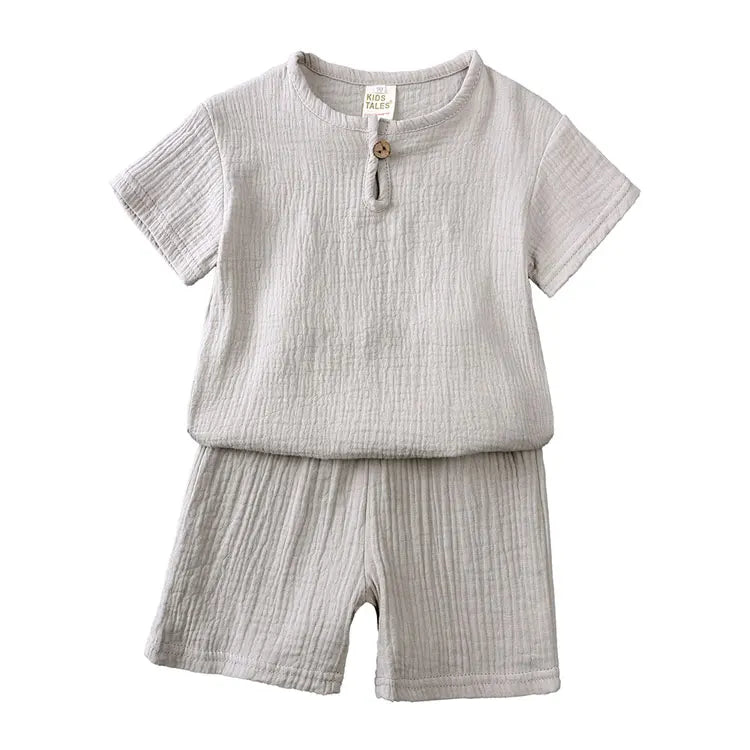 Cotton Linen Kids Summer Outfit – Solid Color Short Sleeve Tops & Shorts for Boys & Girls (Ages 2-7)