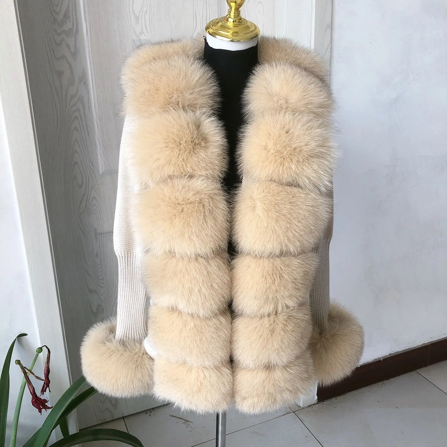 Women’s Spring & Autumn Sweater Cardigan – Real Fox Fur Collar Jacket, Natural Fur Outerwear