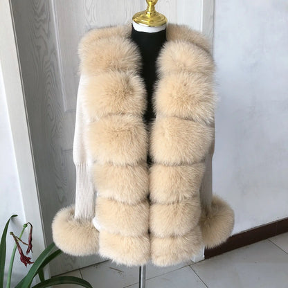 Women’s Spring & Autumn Sweater Cardigan – Real Fox Fur Collar Jacket, Natural Fur Outerwear