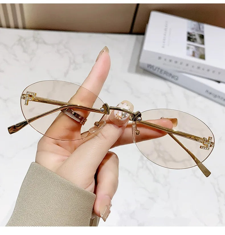 Elegant Diamond Oval Rimless Sunglasses — Men’s “F” Letter Car Sunglasses Model 90902