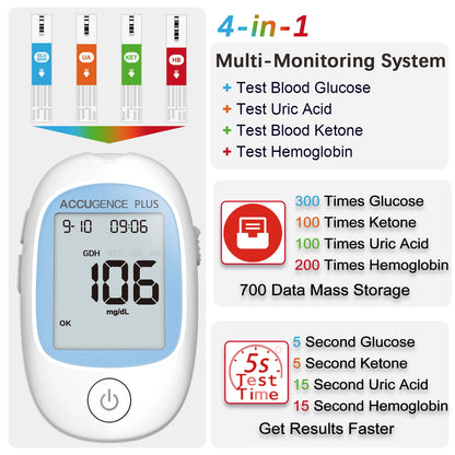 4-in-1 Multifunction Blood Monitor – Hemoglobin, Glucose, Ketone, Uric Acid Test for Diabetes, Anemia, Gout