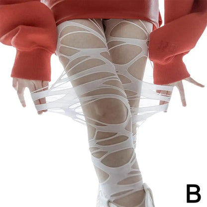 Punk Y2K Ripped High-Waist Fishnet Stockings - Women’s Halloween, Rave & Party Tights