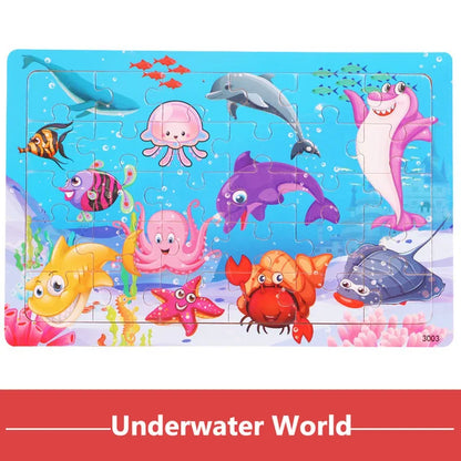 30PCS Montessori Wooden 3D Cartoon Animal Puzzle – Educational Jigsaw Board Game for Kids