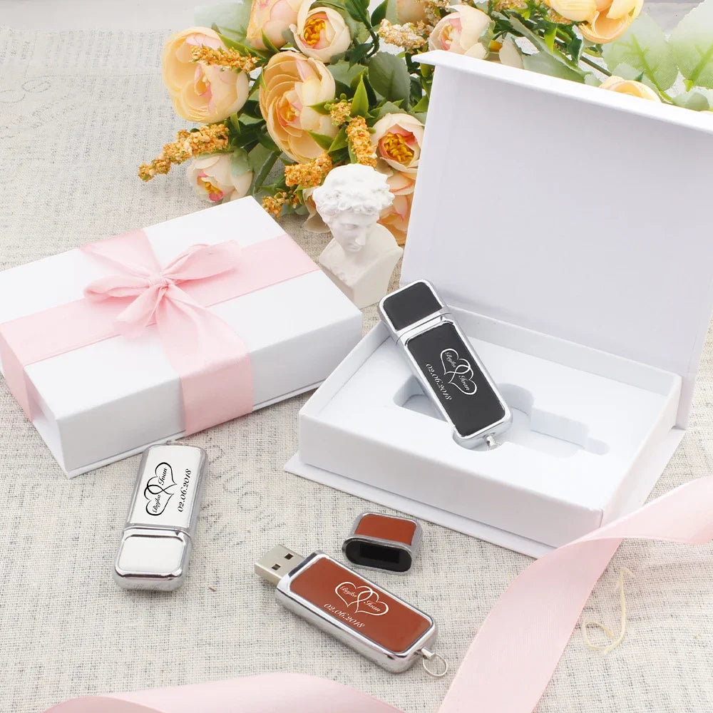 Leather USB 3.0 Flash Drive - Free Logo, 4GB-128GB High-Speed Memory Stick, Wedding Gift