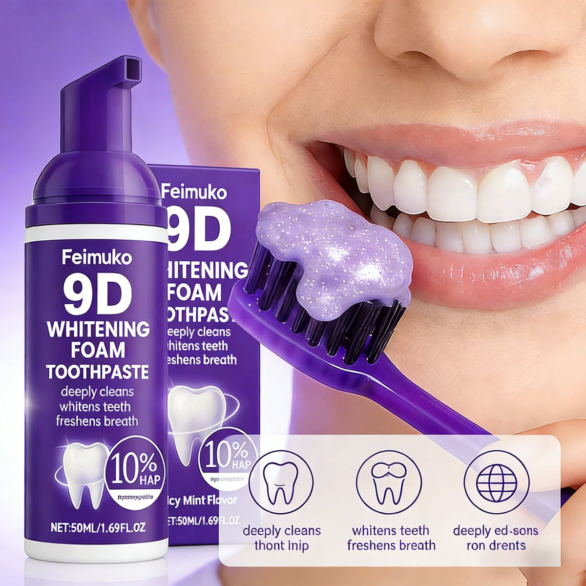 9D Purple Teeth Whitening Foam Toothpaste - 10% Hydroxyapatite, Fresh Breath, and Stain-Removing Oral Care for Travel