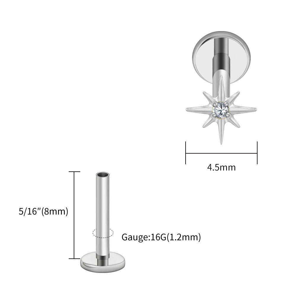 Right Grand ASTM F136 Titanium CZ North Star 16G Flat Back Earring – Tiny Starburst Helix, Cartilage & Earlobe Stud Piercing Jewelry