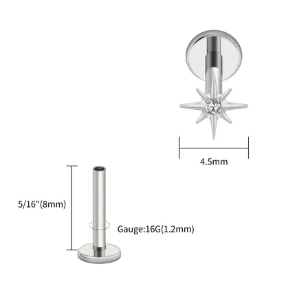 Right Grand ASTM F136 Titanium CZ North Star 16G Flat Back Earring – Tiny Starburst Helix, Cartilage & Earlobe Stud Piercing Jewelry
