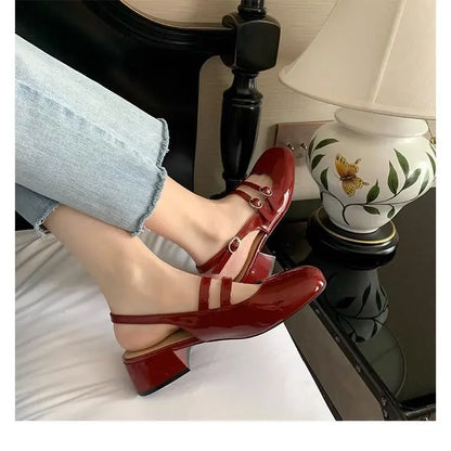 2025 Women’s Burgundy Mary Jane Shoes – Square-Toe Patent Leather Chunky Heel with Double Buckle