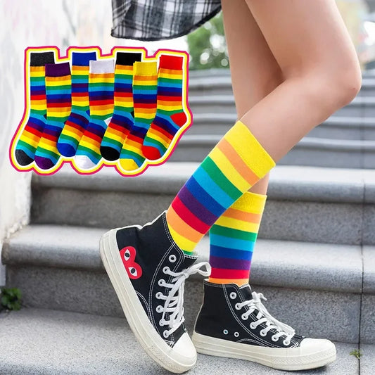 Rainbow Striped Women’s Socks — Elastic Long Sporty Retro Harajuku Meias, New Arrival