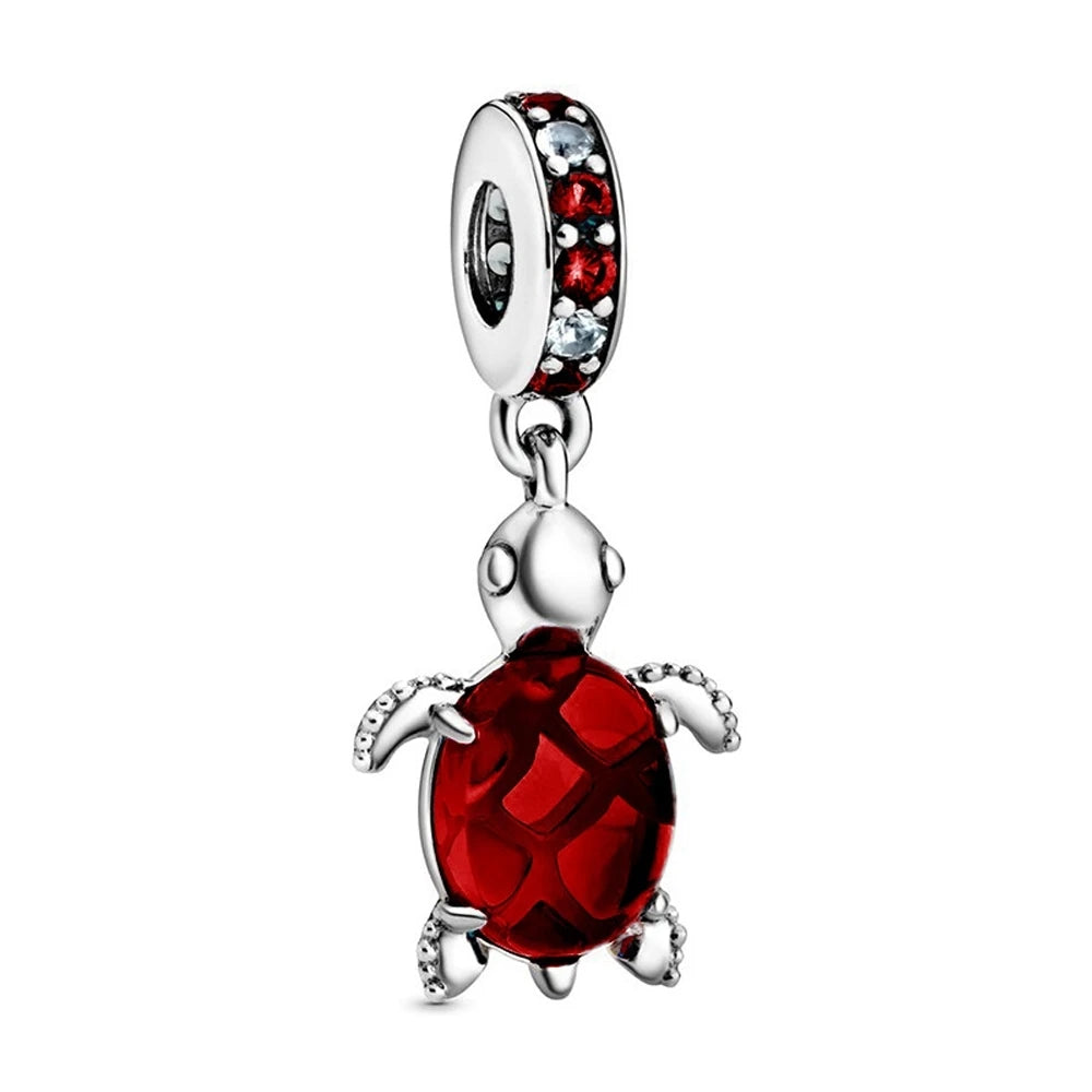 925 Silver Plated Murano Glass Sea Turtle Dangle Charm - Colorful Pink & Blue Jewelry for Women's Bracelet