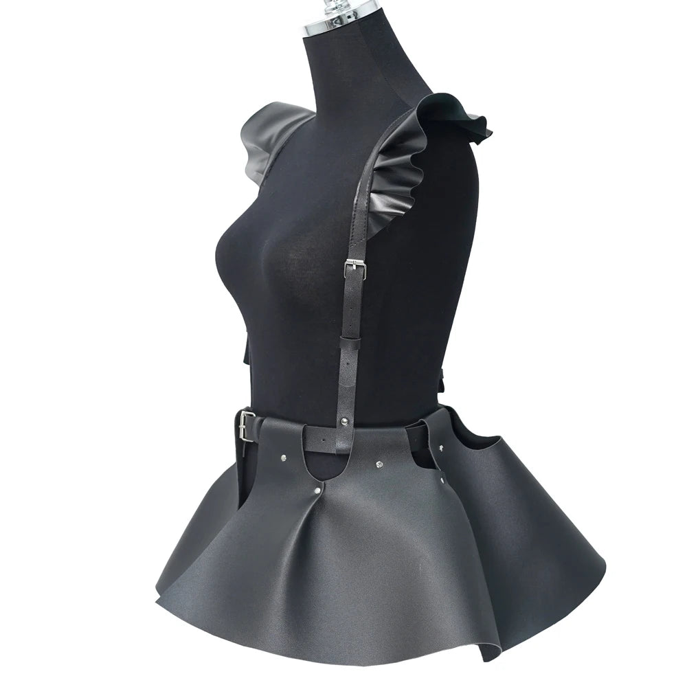 Women’s Gothic Leather Body Harness Belt – Skirt Accessory with Ruffle Hem, Waist & Shoulder Fashion Belt