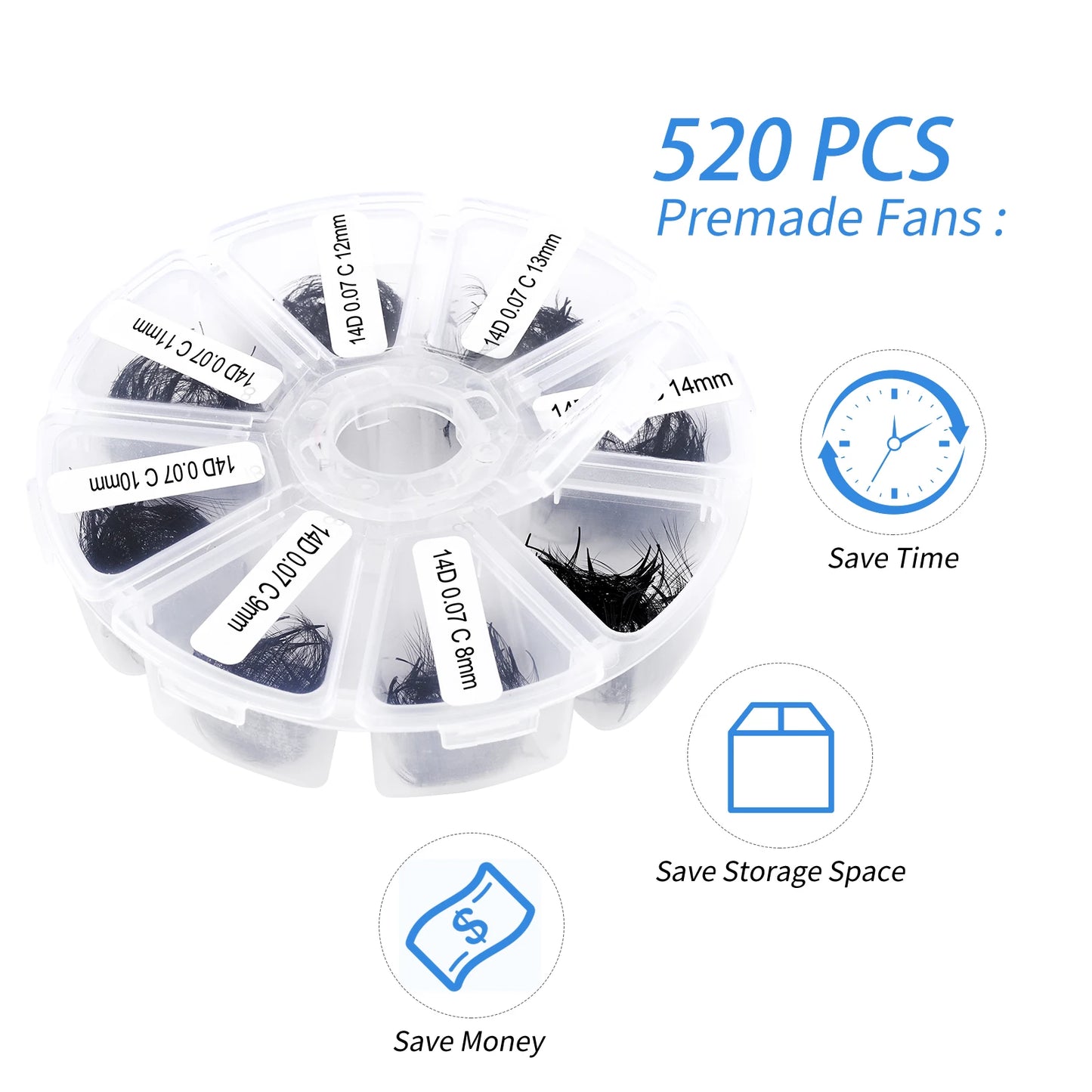 Wendy Lash Premade Volume Fans – 3D/5D/6D/10D/14D/16D Thin Root Eyelash Extensions, Sharp Pointy Stem, 520 Loose Lashes