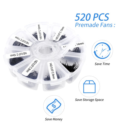 Wendy Lash Premade Volume Fans – 3D/5D/6D/10D/14D/16D Thin Root Eyelash Extensions, Sharp Pointy Stem, 520 Loose Lashes