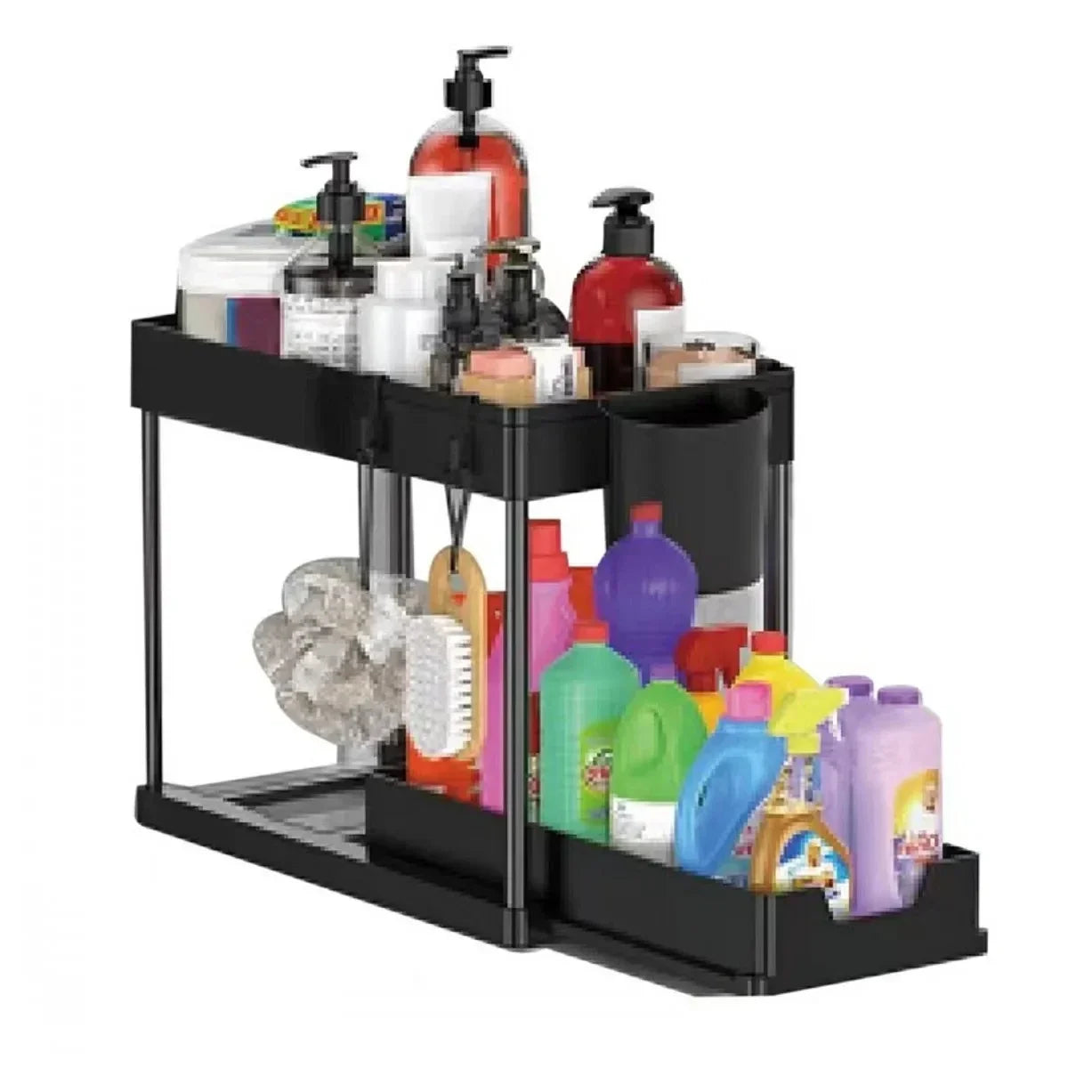 2-Tier Under Sink Sliding Organizer — Cabinet Basket Storage Rack with Hooks for Bathroom & Kitchen Cups