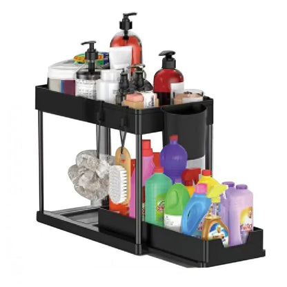 2-Tier Under Sink Sliding Organizer — Cabinet Basket Storage Rack with Hooks for Bathroom & Kitchen Cups