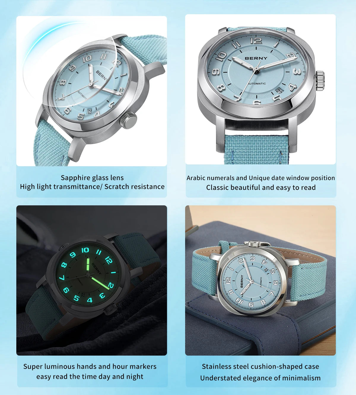 BERNY Women’s Mechanical Watch — Self-Wind Pillow Cushion Design with Sapphire Crystal, Super Luminous Display, Canvas Strap, and Calendar Function