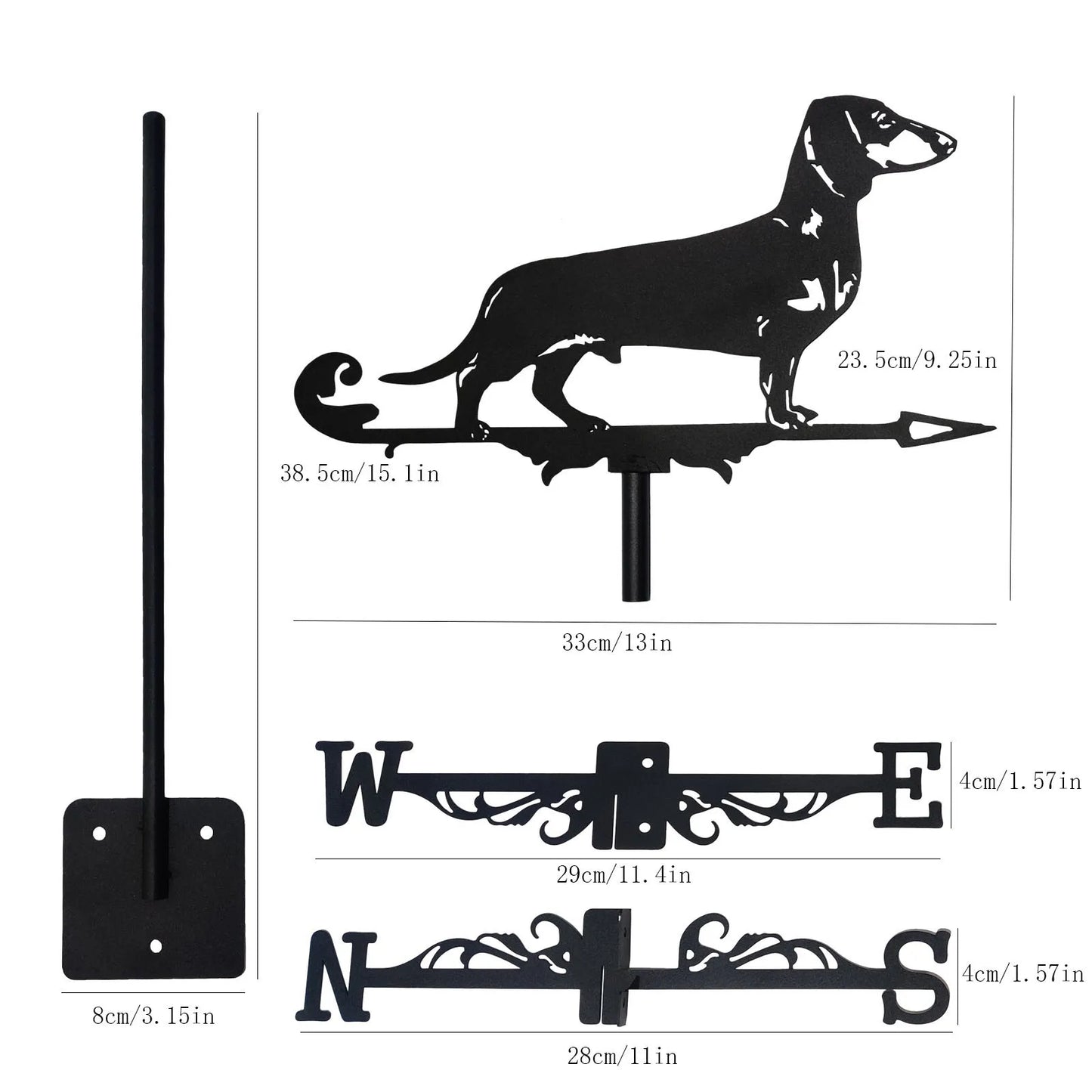 New Metal Dachshund Weather Vane - Standing Decor for Roof, Garden, Yard, Shed, Home, Fence Post