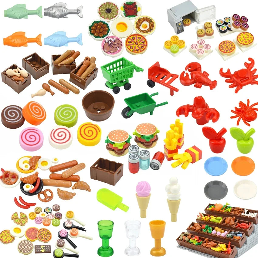 DIY Mini Food Building Block Figures – Bread, Fish, Fruit, Chicken, Crab, Hot Dog, Cake, Pizza & Carrot Creative Toy Bricks