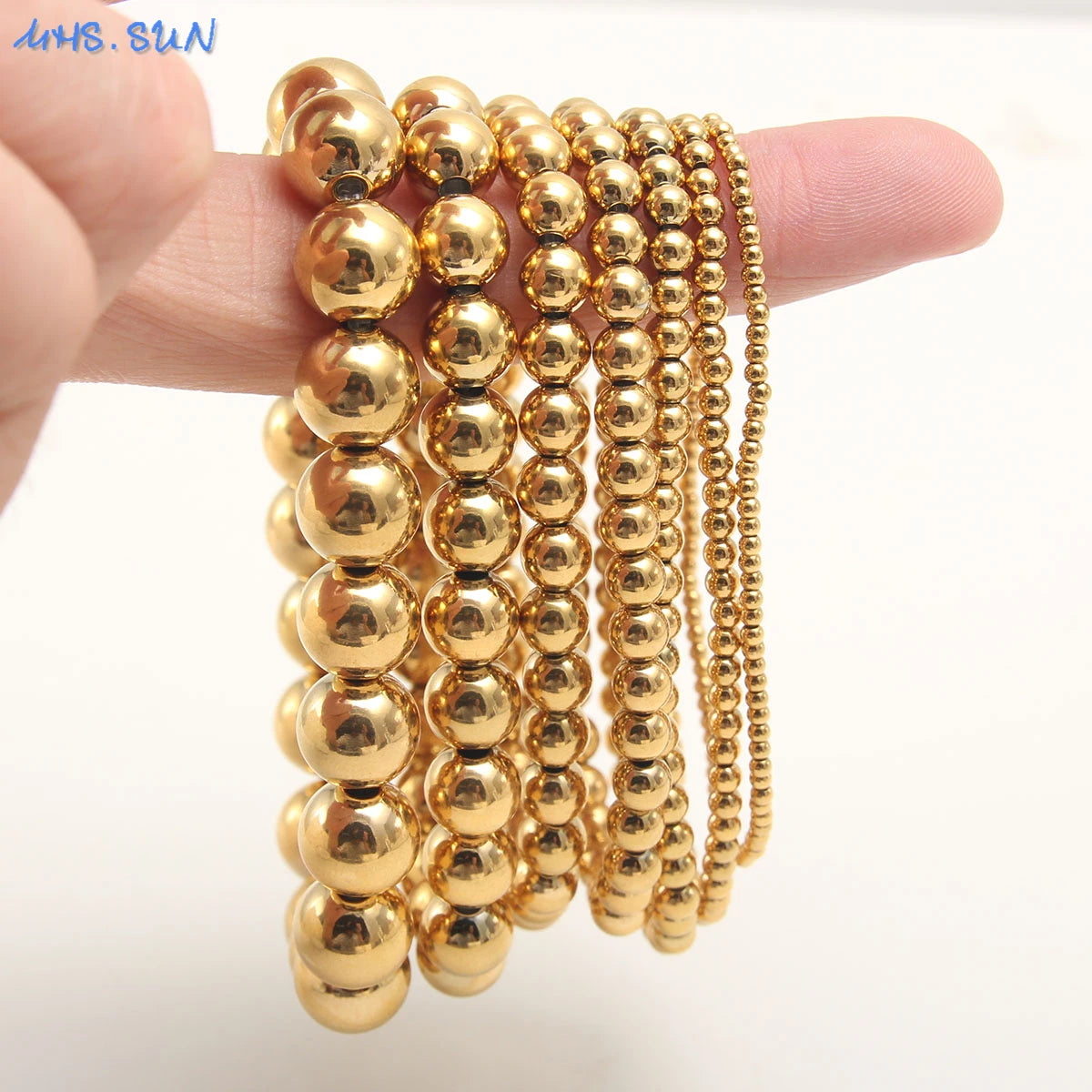 MHS.SUN Trendy Stainless Steel Stretch Bracelet — Gold & Silver Beaded 2mm/5mm/8mm for Men & Women