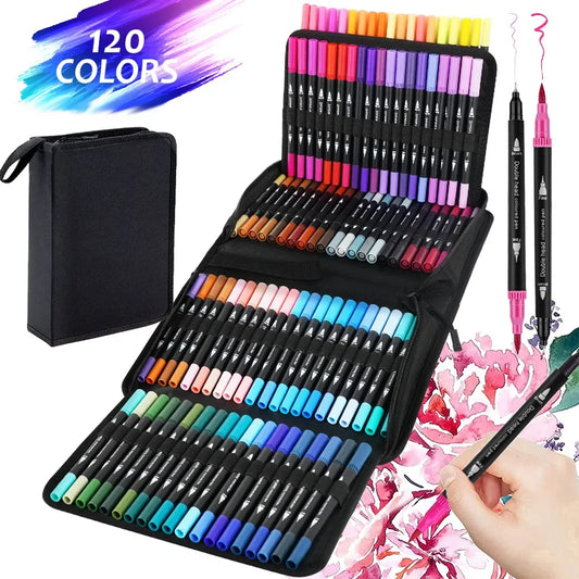 Watercolor Art Markers – 12/24/60/72/100/120 Colors Dual Tip Brush & Fineliner Pens for Calligraphy, Drawing & Painting Set