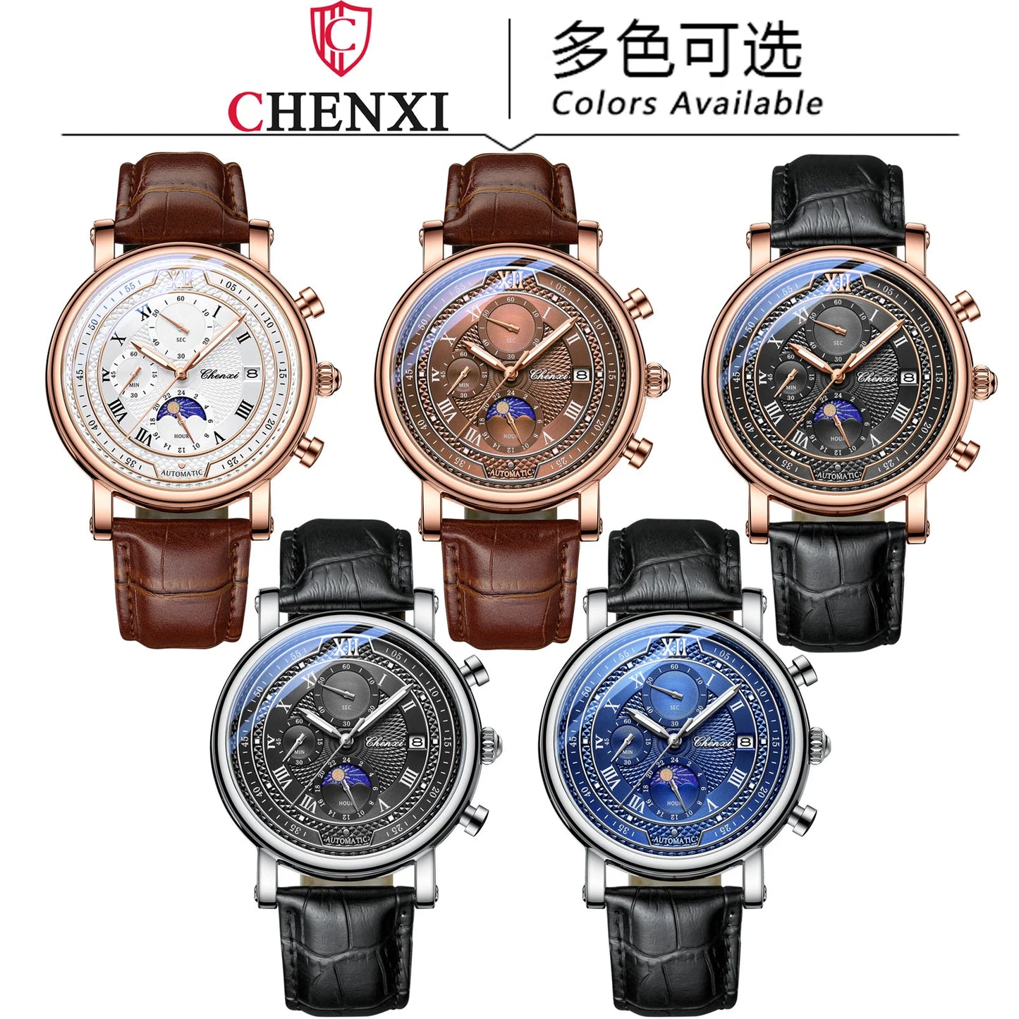 Chenxi 976 Men’s Leather Chronograph Watch – Phase of the Moon, Luminous Quartz Date Timepiece, Business Reloj para Hombres