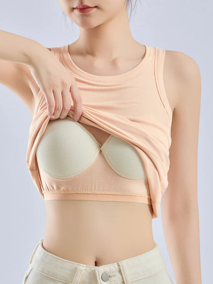 Women’s Threaded Camisole Vest – All-In-One Pure Color Top with Built-In Breast Pads, Inner & Outer Layer Bottoming Shirt