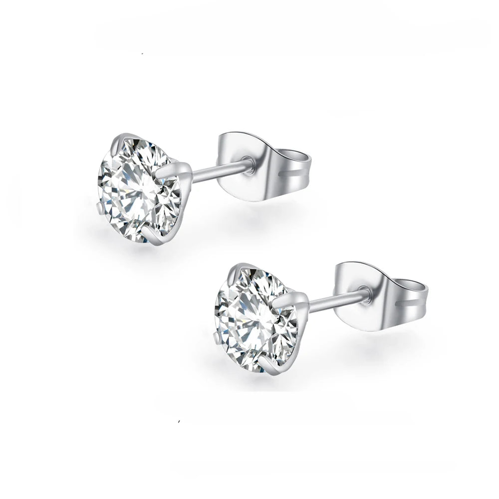 Unisex Stainless Steel Cubic Zirconia Stud Earrings Set (1–8 Pairs) – 6mm Minimalist Ear Piercing Jewelry for Men & Women