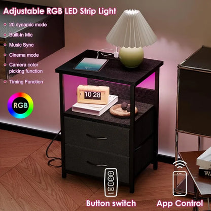 LED Nightstand with Charging Station – USB Ports, Outlets & 2 Fabric Storage Drawers Bedside Table