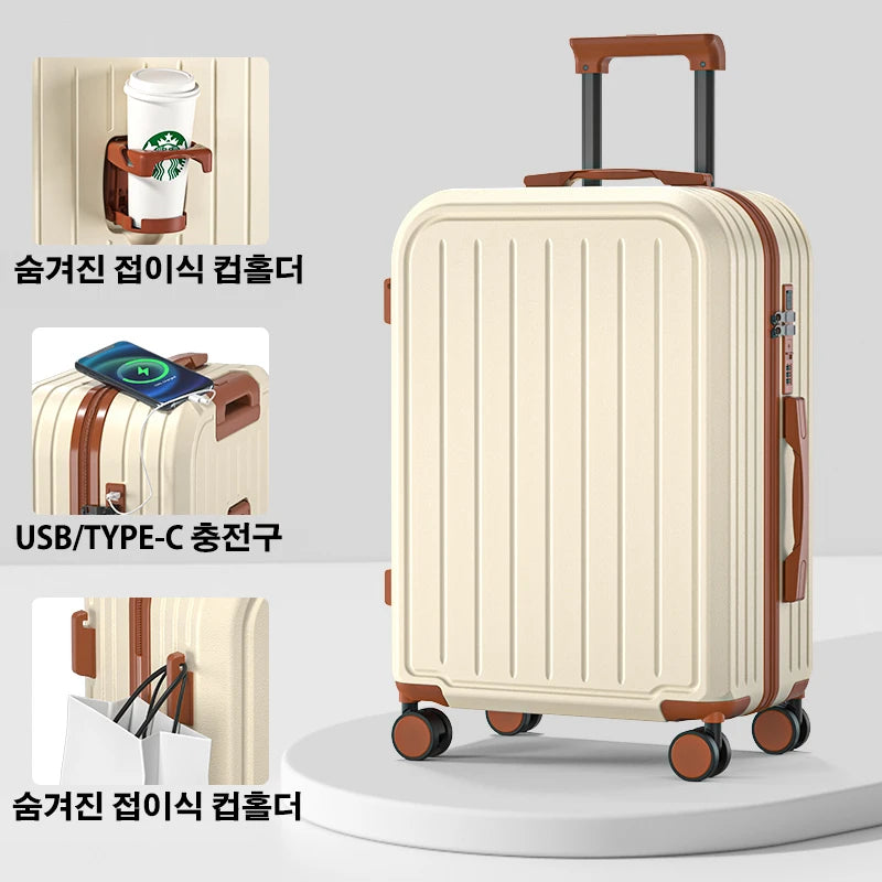 Large Capacity Trolley Suitcase – 20/22/24/26/28" Travel Luggage with Cup Holder for Business & Leisure